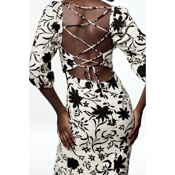 NWT Zara Blogger’s Favorite Linen Floral Gathered Short Puff Sleeves Midi Dress - Picture 6 of 16
